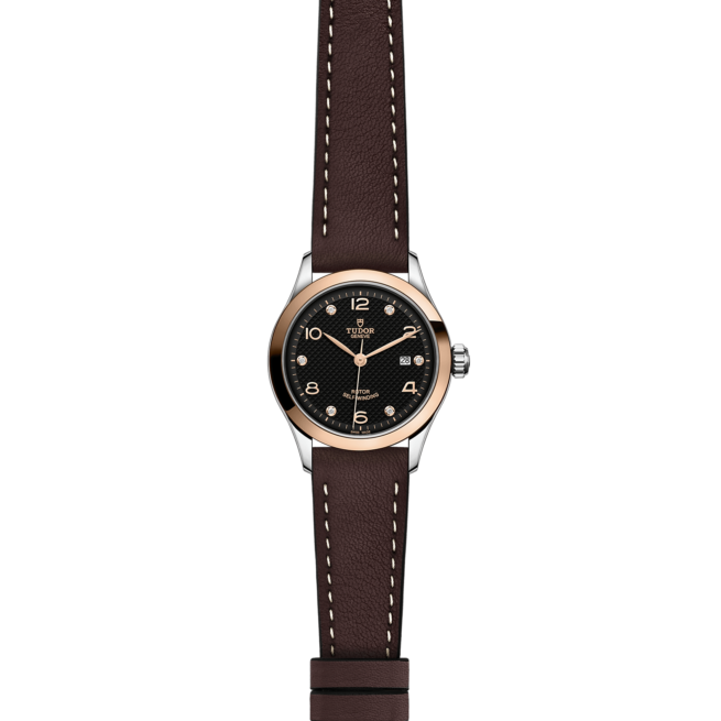 A watch with a brown leather strap and black dial, M91351-0008.