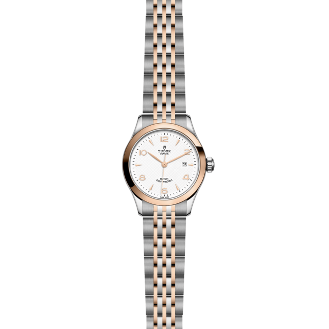 A women's watch with a white dial and two tone bracelet, such as the M91351-0009.