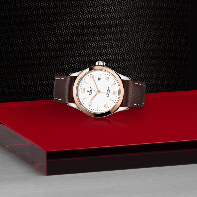 A M91351-0010 watch with a brown leather strap sitting on a red surface.