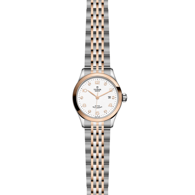 A women's watch with a white dial and two tone bracelet, M91351-0011.