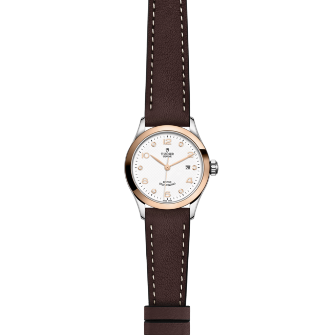 A M91351-0012 women's watch with a brown leather strap.