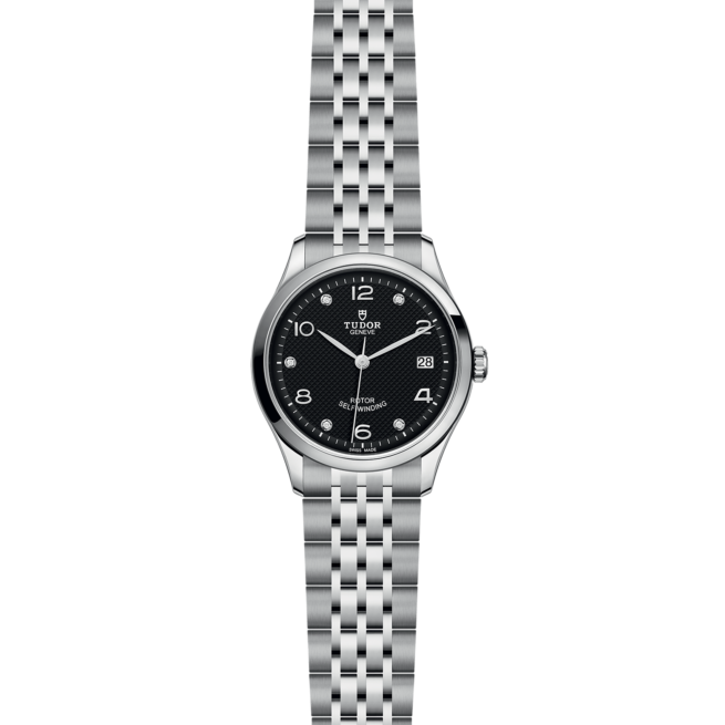 A silver watch with a black face with M91450-0004 in the background.
