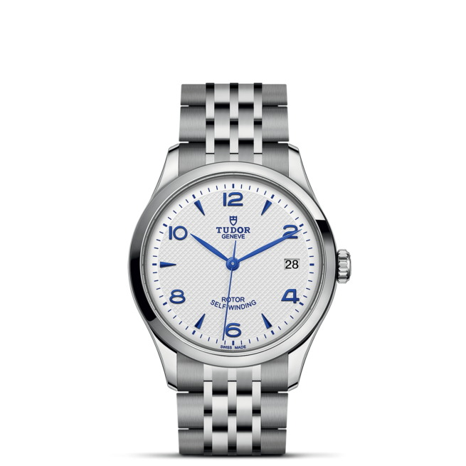 A M91450-0005 watch with blue dials on a black background.