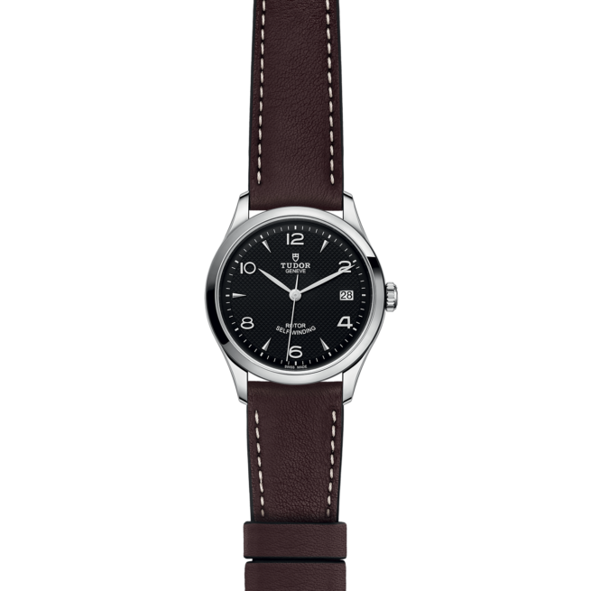 A M91450-0008 with a brown leather strap on a black background.