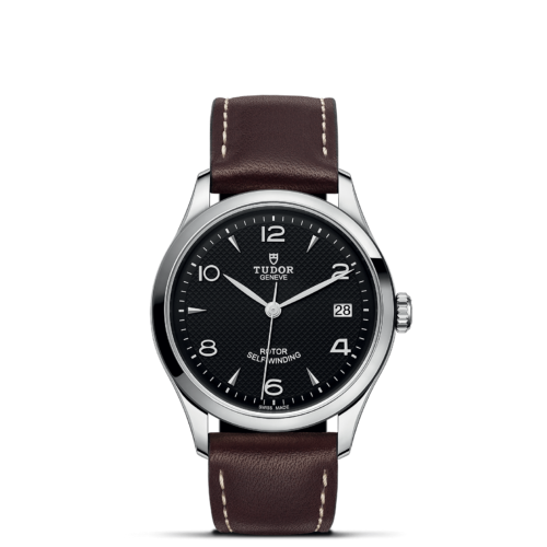 A M91450-0008 with brown leather straps on a black background.