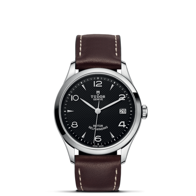 A M91450-0008 with brown leather straps on a black background.