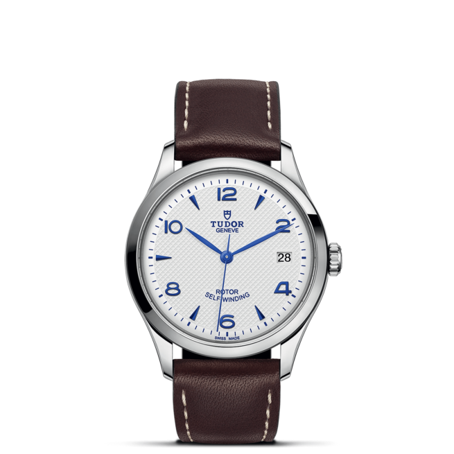 A M91450-0010 with a white dial and brown leather strap.