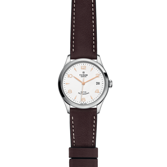 A M91450-0012 with a brown leather strap on a black background.