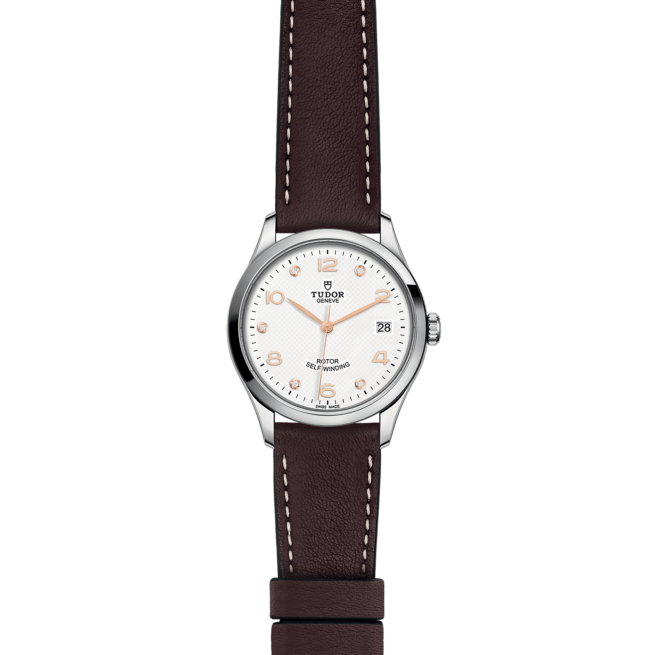 A M91450-0014 with a brown leather strap on a black background.