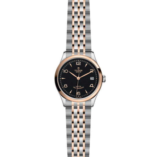 A ladies watch with a black dial and rose gold bracelet. M91451-0003