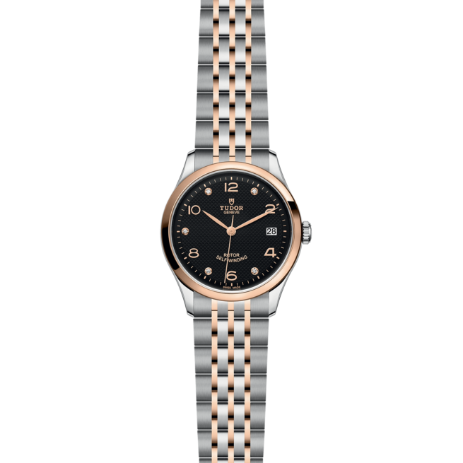 A ladies watch with a black dial and rose gold bracelet, M91451-0004.