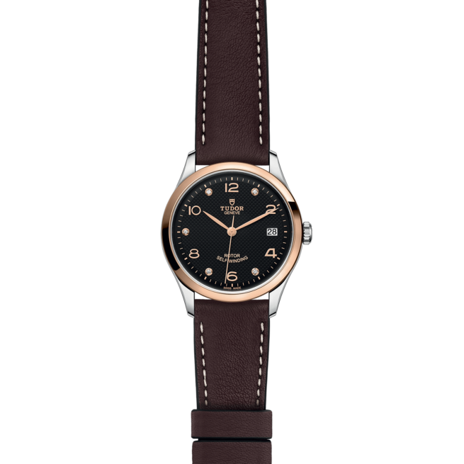 A watch with brown leather strap and black dial. Product Name: M91451-0008