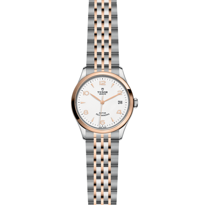 A women's watch with a white dial and rose gold bracelet, the M91451-0009.