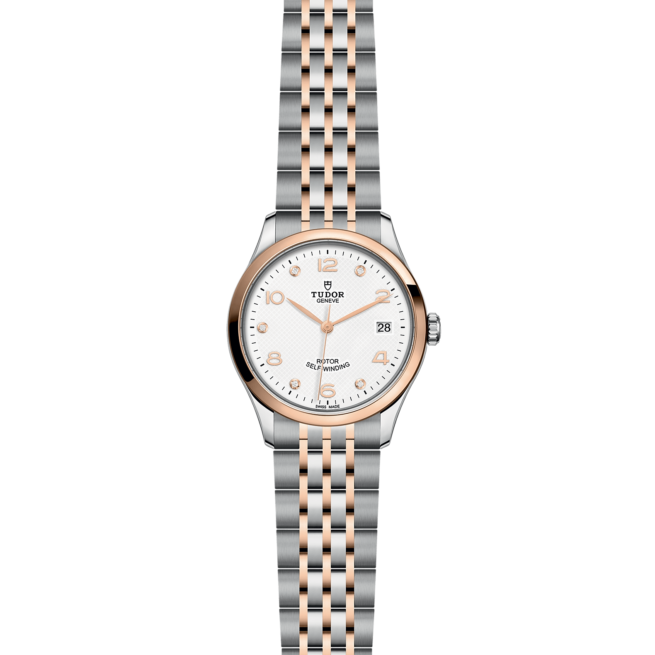 A women's watch with a white dial and rose gold bracelet, the M91451-0011.