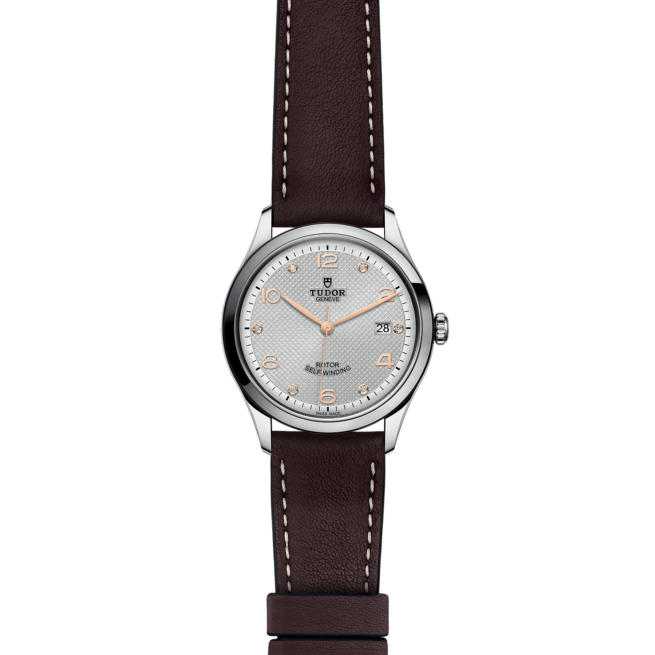 A M91550-0007 with a brown leather strap on a black background.