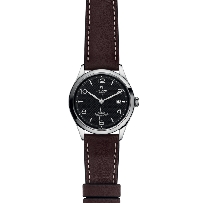 A M91550-0008 with a brown leather strap on a black background.