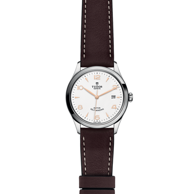 A M91550-0012 with a brown leather strap and white dial.