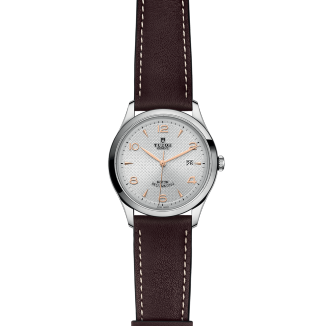 A M91650-0006 with a brown leather strap on a black background.