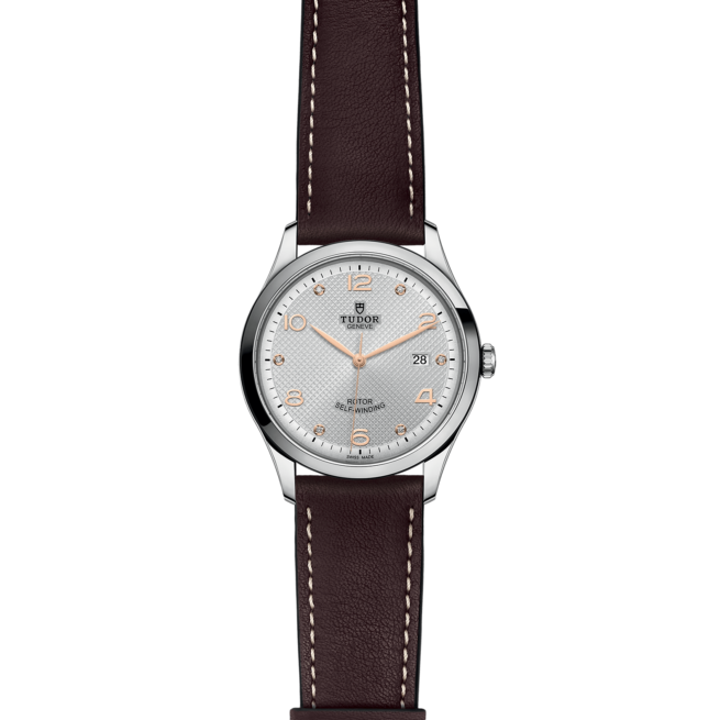 A M91650-0007 with a brown leather strap on a black background.