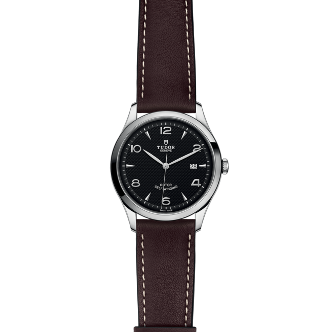 A M91650-0008 with a brown leather strap on a black background.