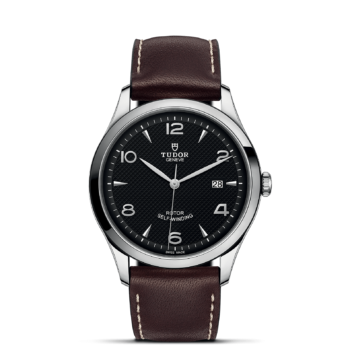 A watch with a black dial and brown leather strap, like the M91650-0008.