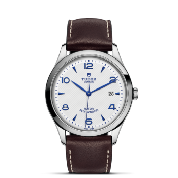 A watch with a white dial and brown leather strap, Product Name: M91650-0010.