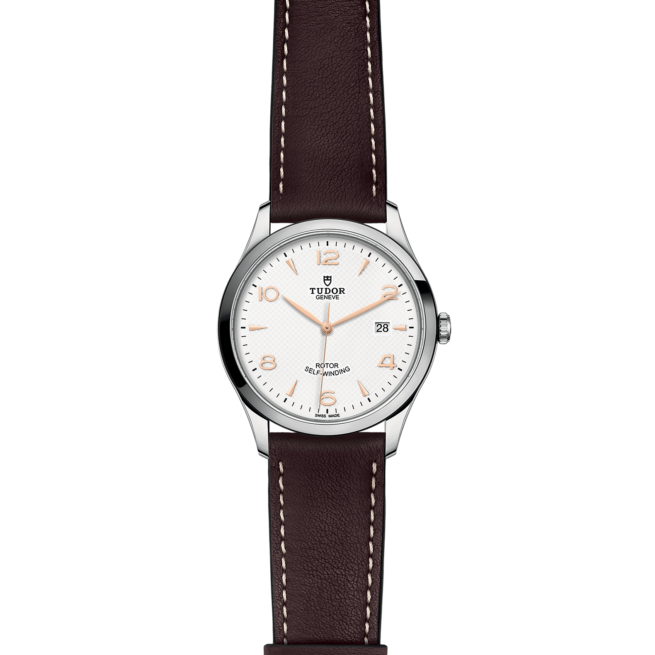 A white and brown M91650-0012 on a brown leather strap.