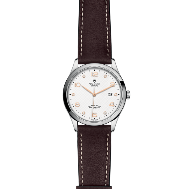 A watch with a M91650-0014 leather strap and white dial.