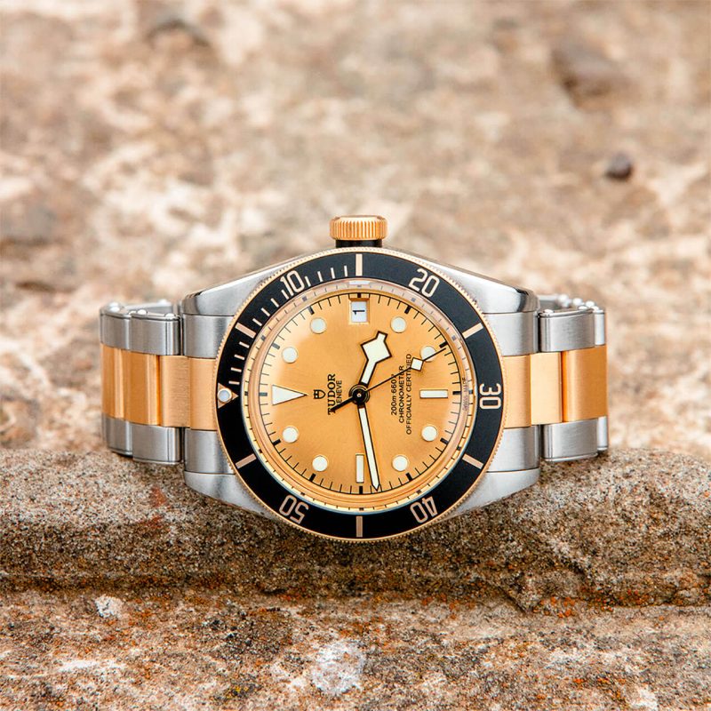 A M79733N-0004 with a gold dial and silver and gold band is positioned on a stone surface. The watch features a black bezel with white markers.