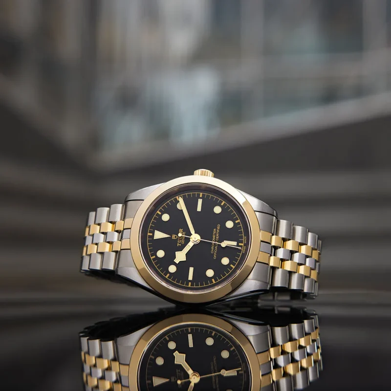 A tudor M79603-0001 watch sitting on a table.