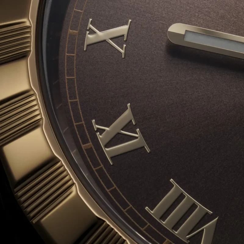 A close up of a M28503-0007 watch with roman numerals.