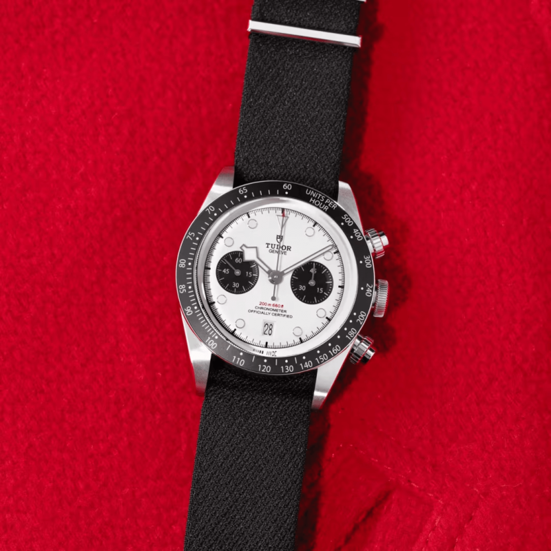 A M79360N-0008 with a black strap, silver case, and white dial with black subdials, placed on red fabric.