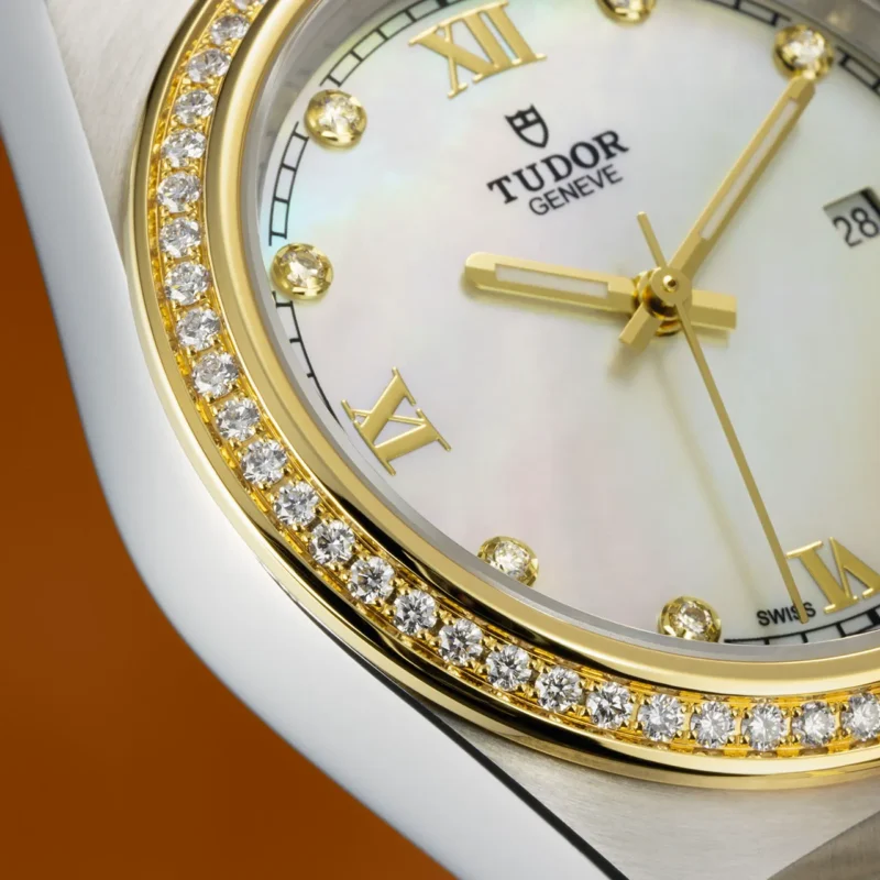 A tudor watch with a M28323-0001 mother of pearl dial.