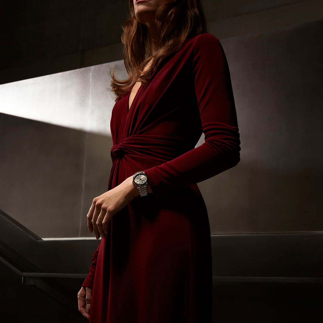 A woman in a red dress.