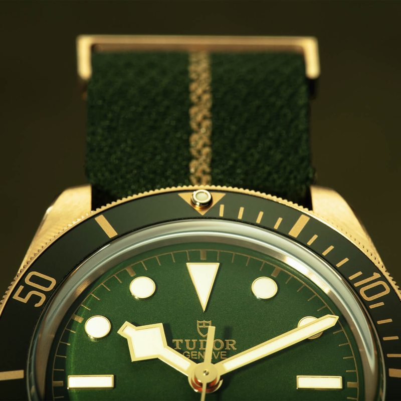 A tudor black bay watch with a green strap.