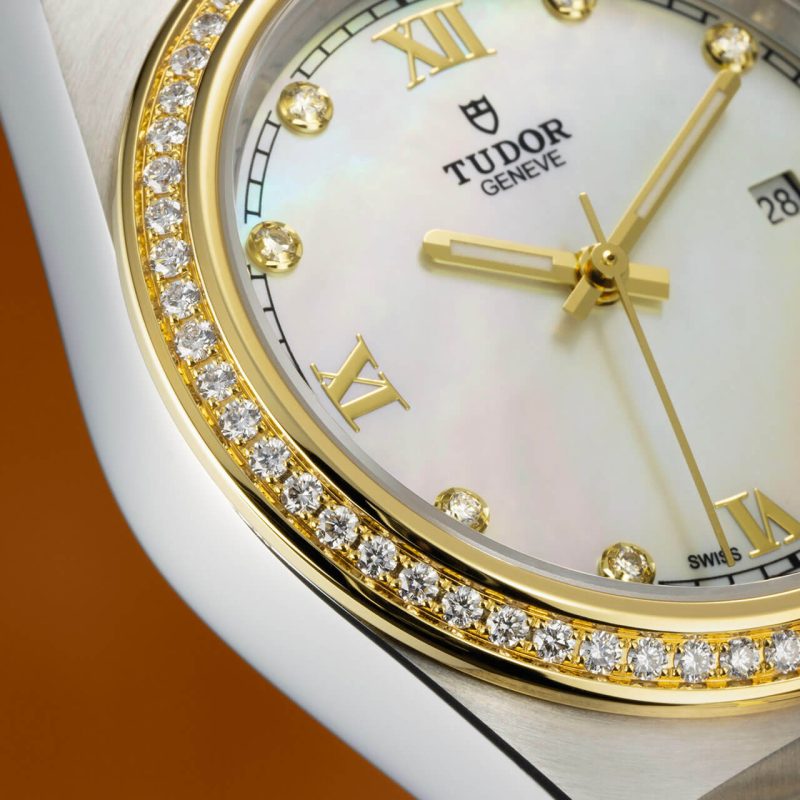 A tudor watch with a mother of pearl dial.