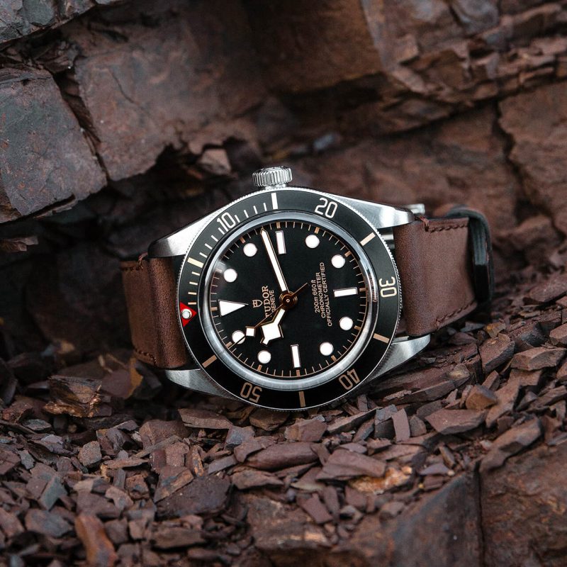 A tudor black bay watch on a brown leather strap.