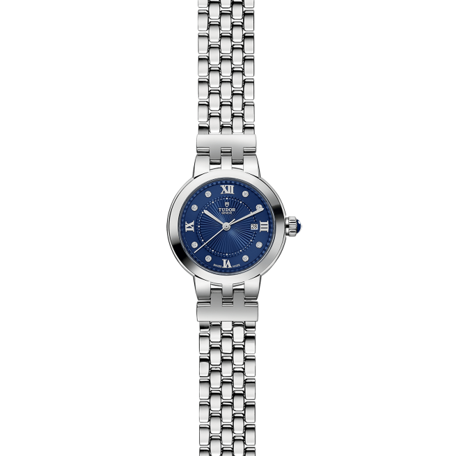 A silver wristwatch with a blue face, Roman numerals, and a metal link bracelet.