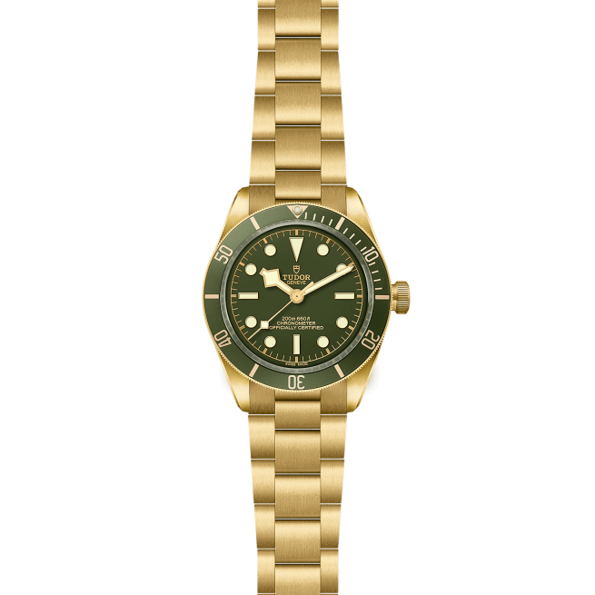 A gold wristwatch with a green dial and bezel. The dial displays "TUDOR," "GENEVE," and is marked as 200m/660ft water-resistant. The watch has a gold link band and luminescent hour markers and hands.