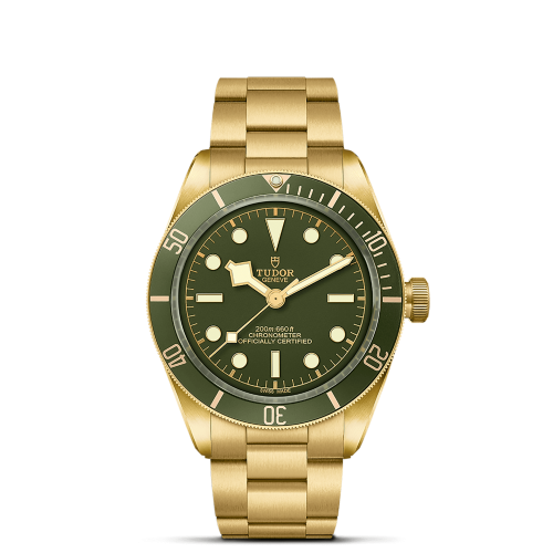 A gold wristwatch with an olive green face, marked with the brand “Tudor” and “200m 660ft Officially Certified”. The watch has a rotating bezel with numerical markers, luminous hands, and hour markers.