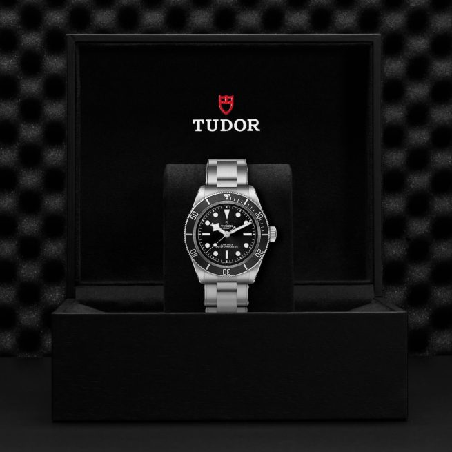 A silver wristwatch with a black face displayed in a black box bearing the Tudor logo.