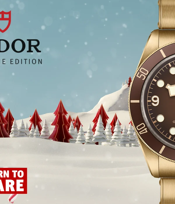 A bronze BB-58 Tudor watch with a brown bezel and dial is shown beside snowy trees and candy canes.