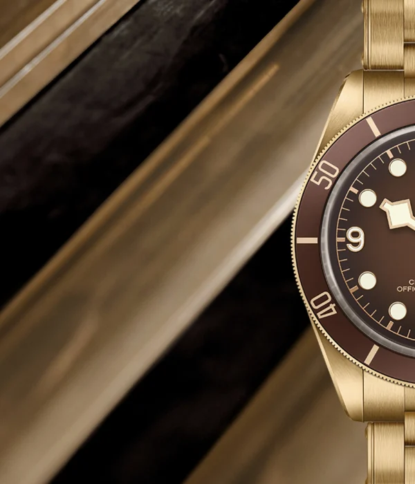 The TUDOR wristwatch features a gold design with a brown dial and bezel, elegantly showing the time at 10:10. With its sleek metal strap, it is artfully set against angled, metallic surfaces.