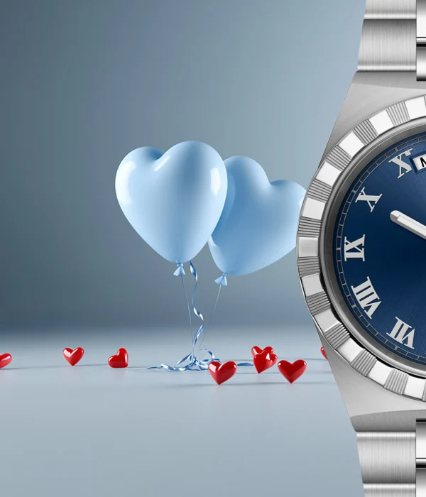 The TUDOR silver wristwatch with a blue dial elegantly displays the day and date, perfectly complemented by a backdrop of blue heart-shaped balloons and small red heart decorations.