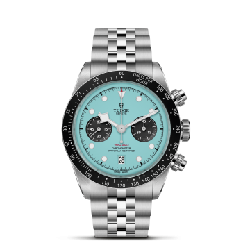 A Tudor chronograph wristwatch, model M79360N-0024, features a stainless steel case, turquoise dial with black subdials, and a black bezel, shown against a plain white background.