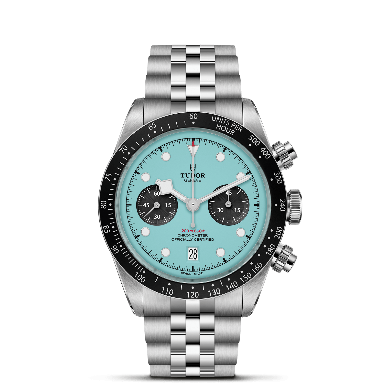 m79360n-0024_upright-tr-zoom_zoom A Tudor chronograph wristwatch, model M79360N-0024, features a stainless steel case, turquoise dial with black subdials, and a black bezel, shown against a plain white background.