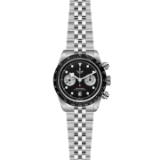 The M79360N-0013 is a silver wristwatch featuring a stainless steel bracelet, black dial with three subdials, date function, and a tachymetric scale on the bezel.