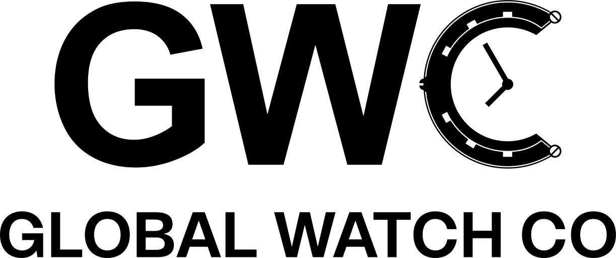 Global Watch Co logo with “GWC” in large letters; the “C” is stylized as a watch face showing the time at 2:00. “GLOBAL WATCH CO” appears below in bold text.