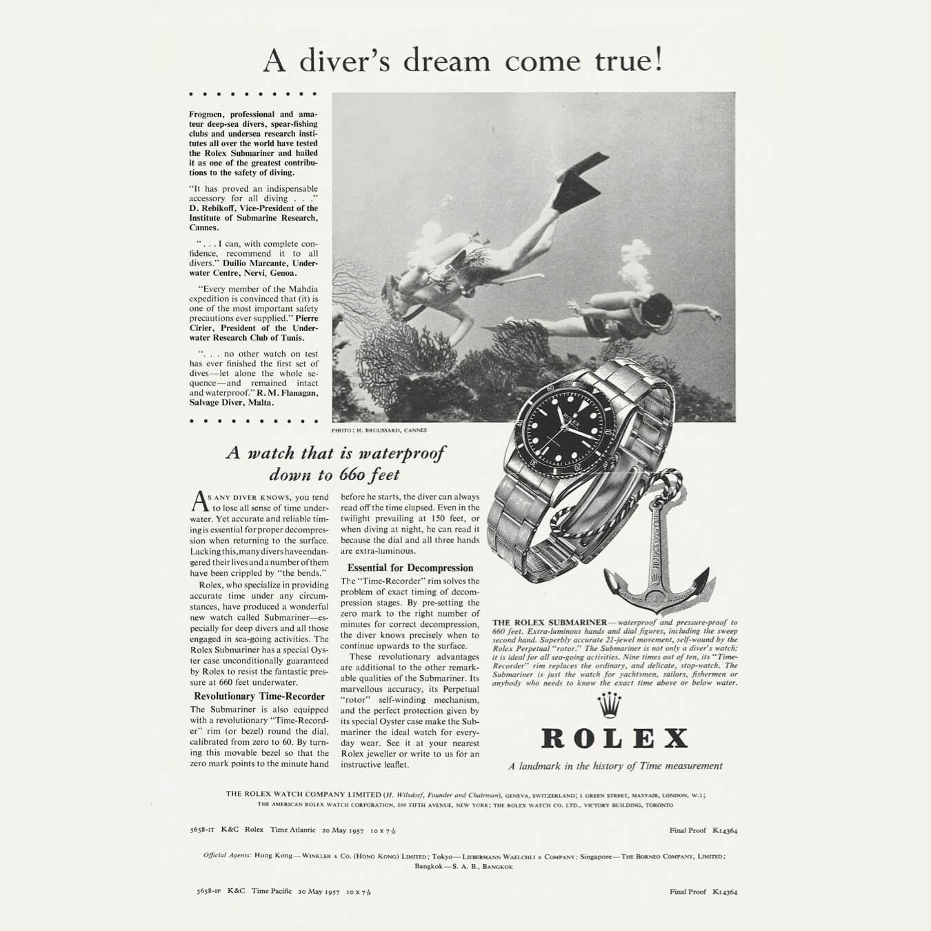 Vintage advertisement featuring a diver underwater with a spear gun, next to an image of a Rolex watch, with descriptive text and logos.