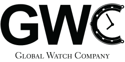 Logo of Global Watch Company featuring the acronym 'GWC' in large, grey letters with a stylized clock face forming the letter 'C'.